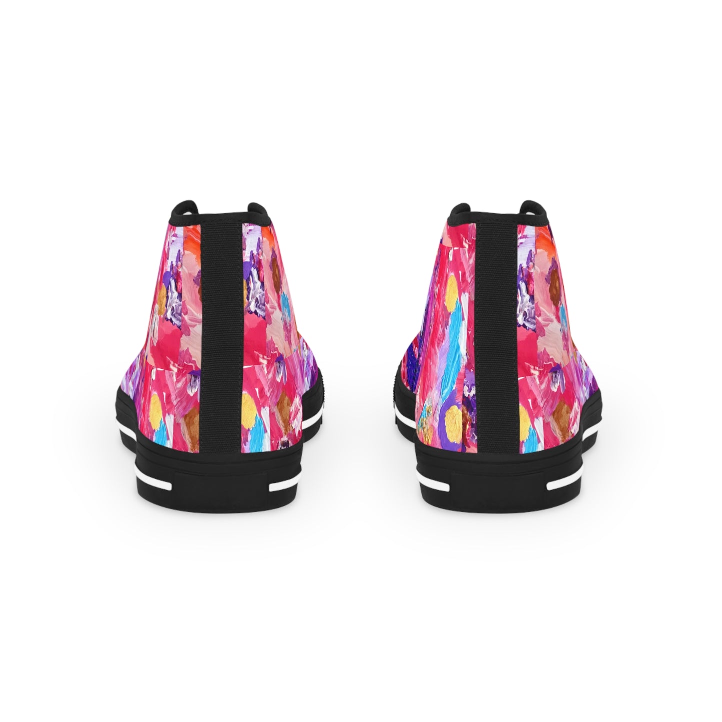 Colorful abstract patterned high-top sneakers on a white background