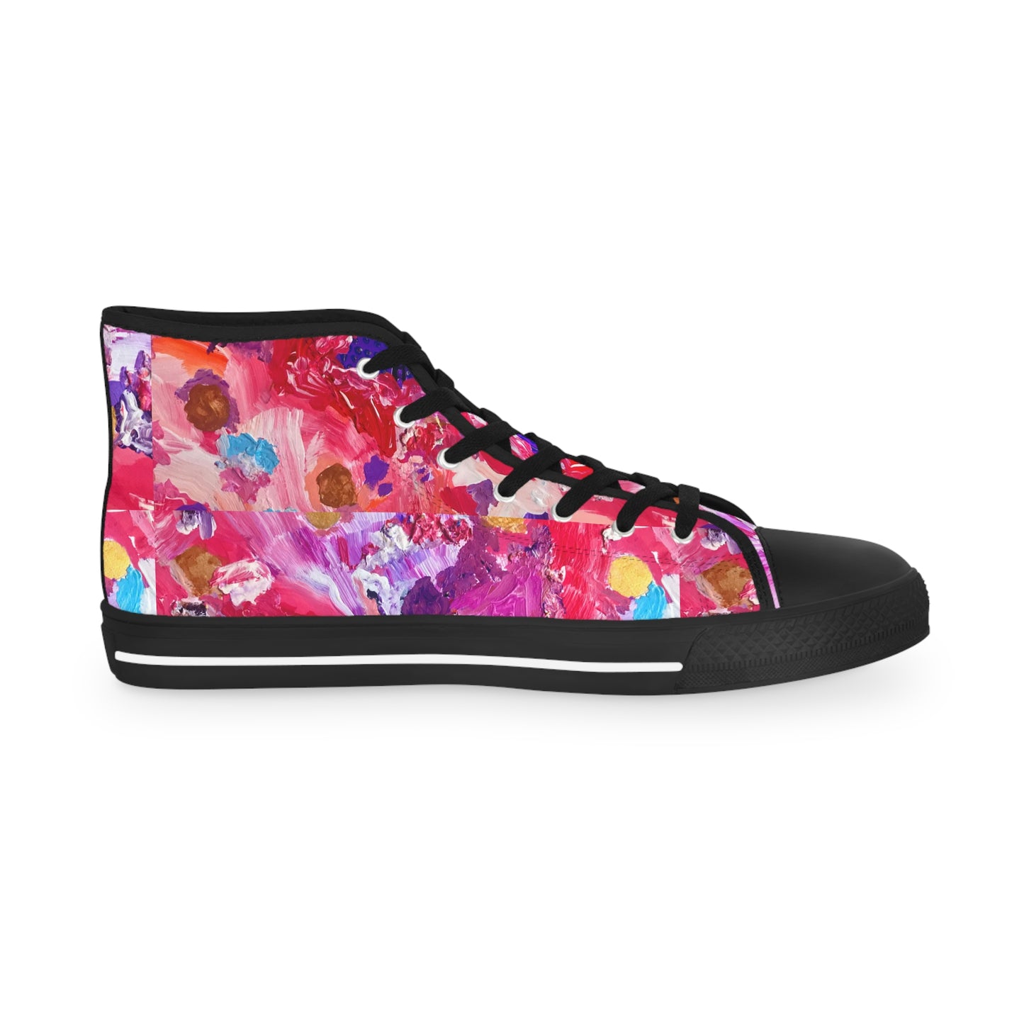 Colorful high-top sneaker with abstract design on a white background