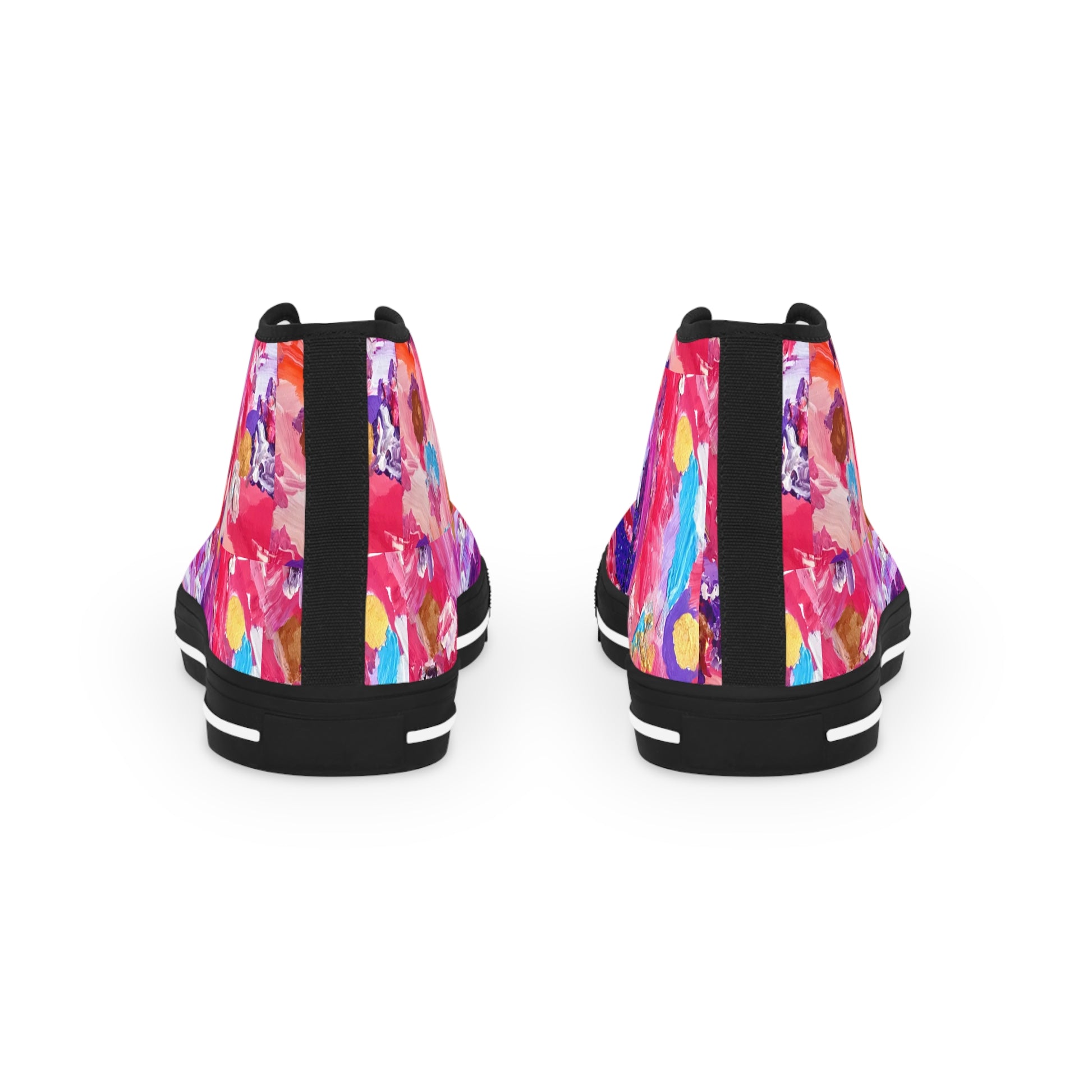 Colorful abstract patterned high-top sneakers on a white background
