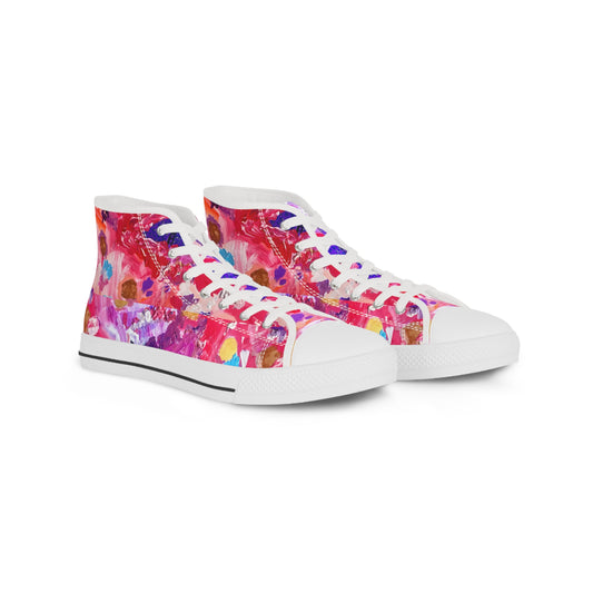 Colorful high-top sneakers with abstract pattern on a white background